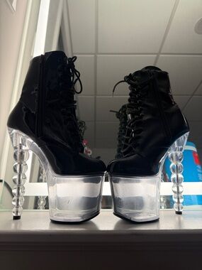 Pleaser Black Patent Lace-Up Platform Ankle Boots with Clear Spiral Heels